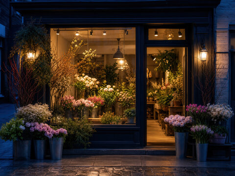 Cozy Flower Shop Glowing At Evening Street Corner