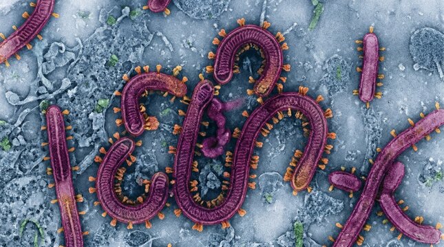 Colorized scanning electron micrograph of ebola virus particles