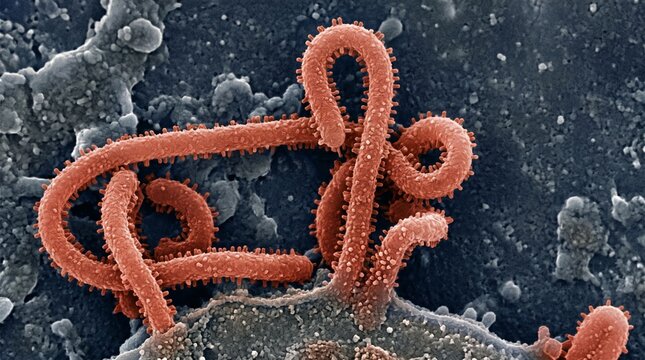 Ebola virus particles budding from an infected cell