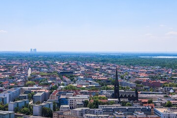 Fototapeta premium Leipzig city aerial view showing architecture and distant power plant