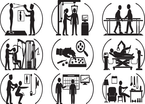 Physical Therapy Rehabilitation Clinic and Patient Medical Recovery Silhouette Icon Set