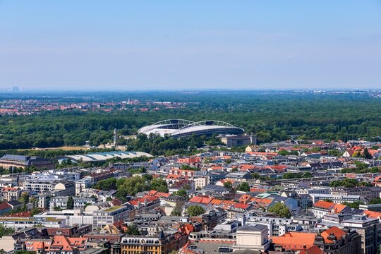 Leipzig city aerial cityscape view with modern stadium