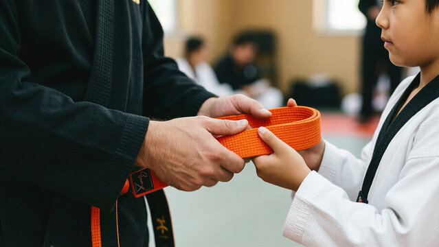 karate children only receiving orange belt from instructor in dojo