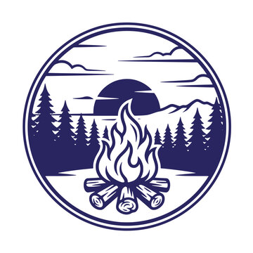 Camping bonfire scene at sunset in pine forest circle graphic with campfire adventure exploration wilderness vacation activity recreation backcountry landscape