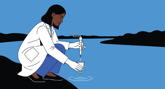 Person in lab coat collecting water sample