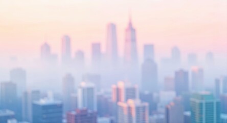 Fototapeta premium Dreamy pastel city skyline covered in morning fog for travel marketing.
