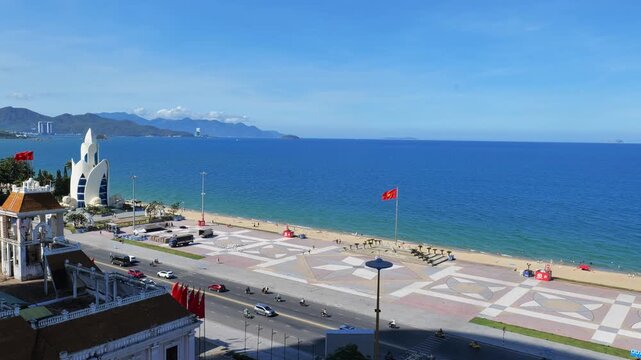 Nha Trang ocean front view and beach in Vietnam. Nha Trang, Vietnam, downtown cityscape with beach.