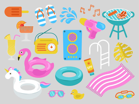 Pool party summer clipart set in blue, white, pink, yellow, and orange tones. Perfect for party invitations, social media graphics, stickers, posters, and seasonal decorations.