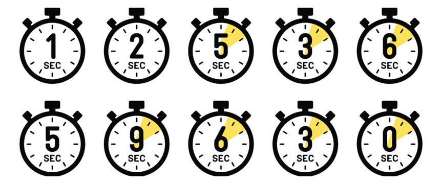 Stopwatch Icon Set Featuring 1sec, 2sec, 3sec, 4sec, 5sec, 6sec, 7sec, 8sec, 9sec, and 10sec Timer Symbols Vector Illustration