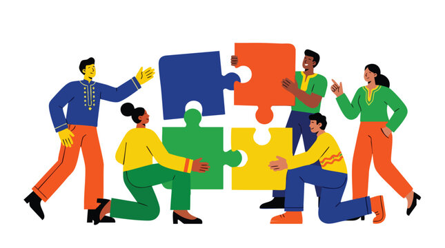 Diverse multi-ethnic team collaborating on complex strategic solutions in Corporate Memphis flat vector style for enterprise SaaS marketing