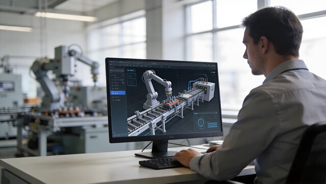 Man working on robotic assembly line simulation