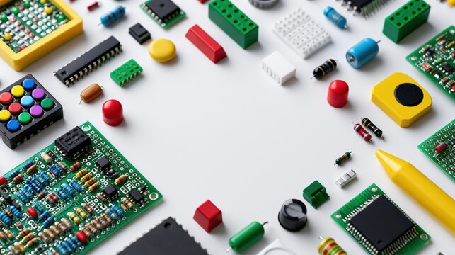 Blank circuit boards and safe electronic components for educational projects on white surface