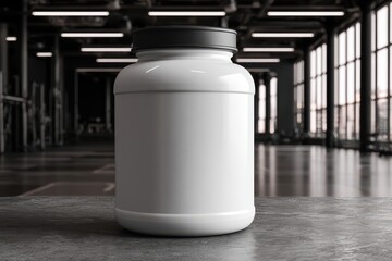 Obraz premium A blank white supplement container with a black lid sits on a textured surface in a gym.