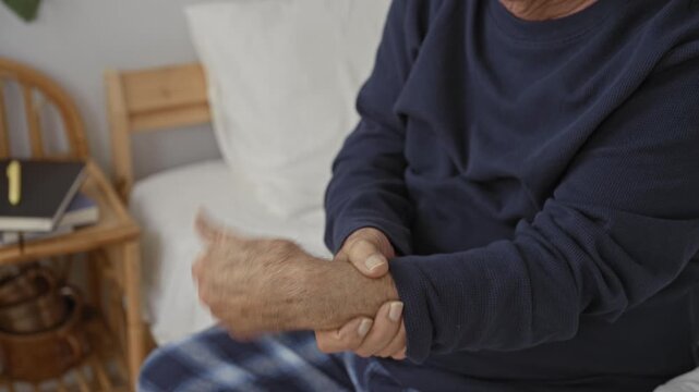 Senior man holding wrist and flexing hand while seated on bed in bedroom building; aging discomfort.