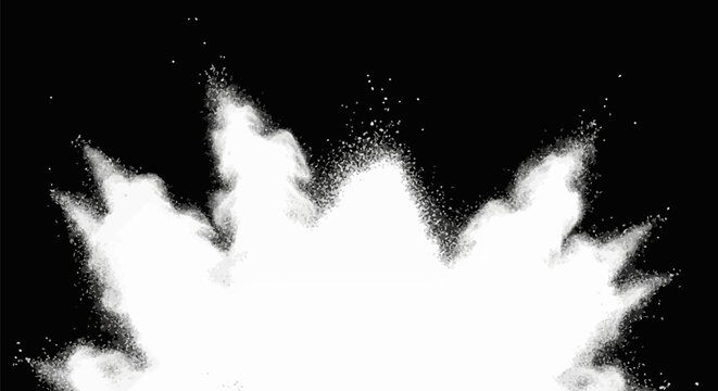 White powder explosion on black background featuring fine dust particles, flour cloud burst effect, and spray of white sand. Isolated abstract blast for design overlays and motion.