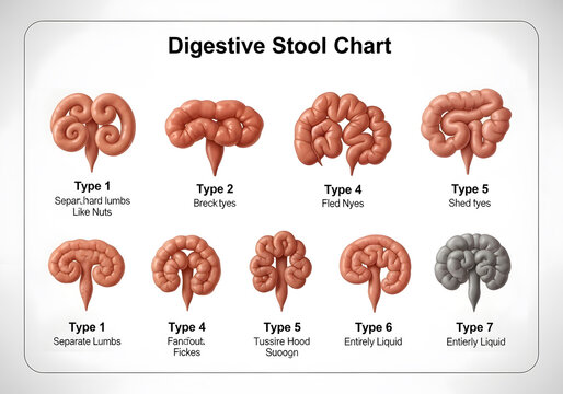 Illustrated Digestive Stool Chart Showing Seven Types of Human Feces with Medical Labels for Health Education