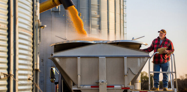 Farmer loading corn grain from silo into semi truck trailer at agricultural facility with agriculture production agricultural industry machinery equipment business logistics commodity