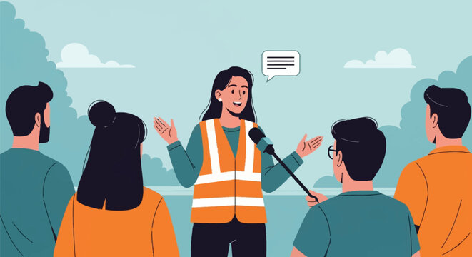Vector illustration of a woman in an orange high-visibility safety vest speaking to a group during an interview or briefing, recorded with a microphone in an outdoor park.