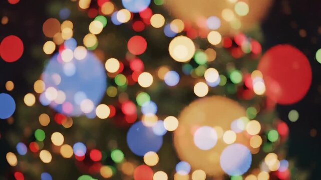 Christmas tree lights shimmering with soft colorful bokeh effects in this festive holiday animation motion clip captured with a shallow depth of field artistic camera lens