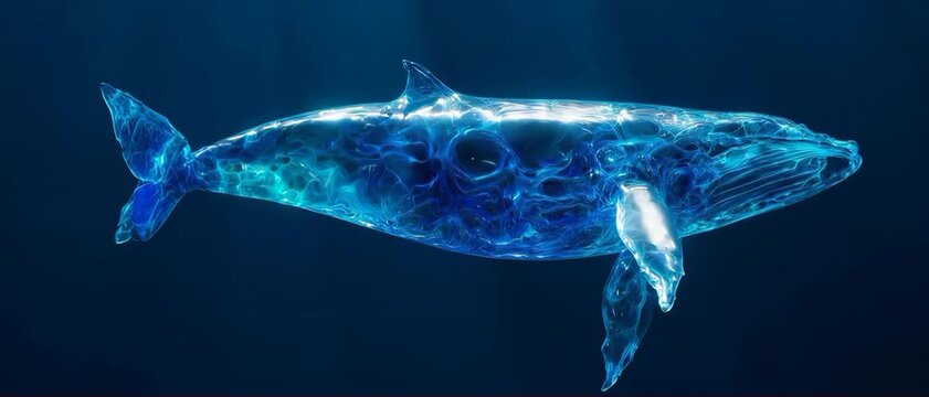 Serene abstract whale silhouette formed by translucent glowing blue and cyan gel