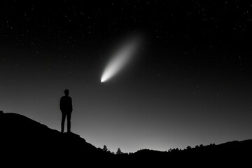 Fototapeta premium Silhouette of a man standing on a hill watching a bright comet streak across the starry night sky.