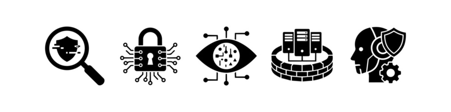 Set of five black cybersecurity icons featuring threat detection, data encryption, digital surveillance, server firewall, and AI-powered security. Ideal for technology and safety concepts.