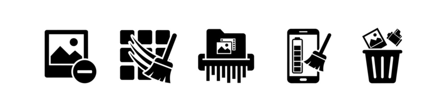 A set of five black vector icons for digital storage management and device cleanup. Features photo deletion, gallery sweeping, data shredding, battery optimization, and a recycle bin.