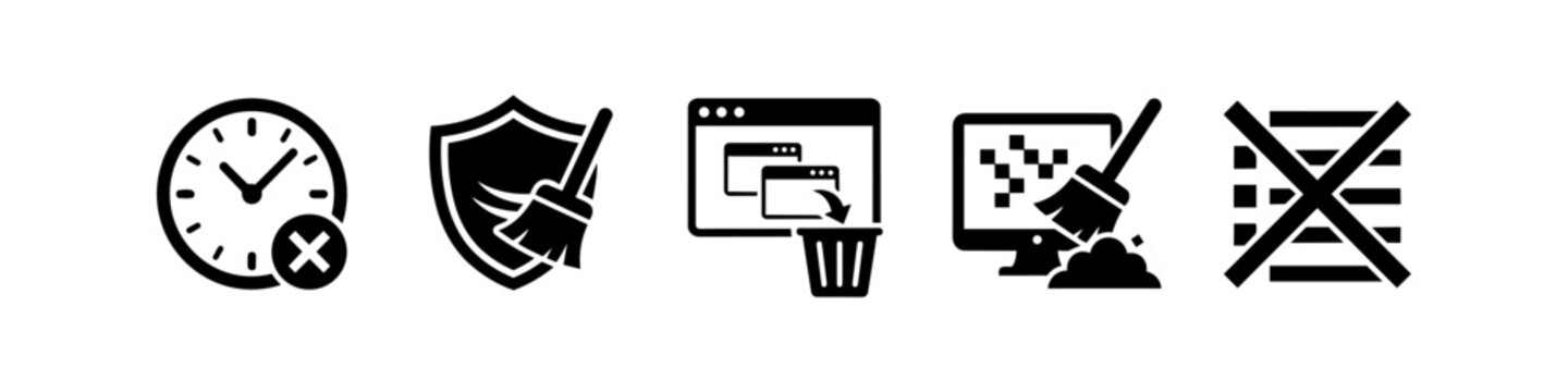 Set of five black minimalist icons representing digital data cleaning, browser history deletion, computer system maintenance, and security optimization.