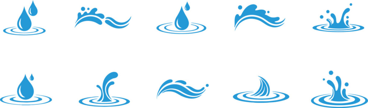 Water Splash Drop Icon Set Collection Blue Liquid Wave Symbol Vector Pack