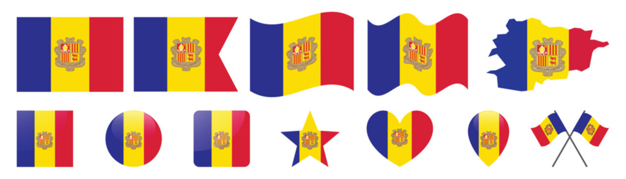Andorra national flag icons set including map and decorative shapes.