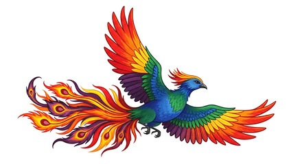 Fototapeta premium Vibrant phoenix bird in mid-flight with colorful wings and fiery tail feathers isolated on a transparent background
