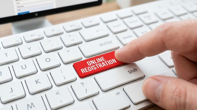 Close up of a hand pressing a glowing red online registration button on a sleek white keyboard for digital sign up processes
