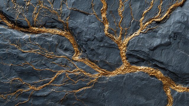 Extreme Macro Dark Slate Stone Texture with Golden Mineral Veins and Geological Detail