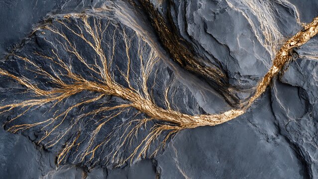 Extreme Macro Dark Slate Stone Texture with Golden Mineral Veins and Geological Detail