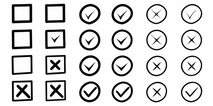Checkmark And Cross Icons Black And White Flat Vector Set