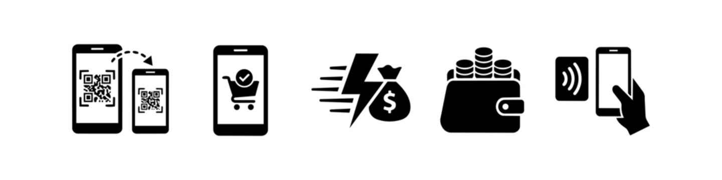 A set of black icons representing mobile payments, QR code scanning, online shopping, fast money transfers, and contactless NFC transactions on a white background.