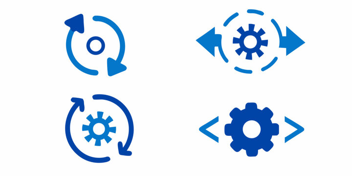 Circular arrow and gear rotation icons flat blue vector style