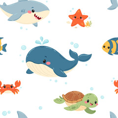 Fototapeta premium Seamless pattern with underwater life for kids, baby and nursery decor. Vector illustration of ocean animal characters on childrens print.