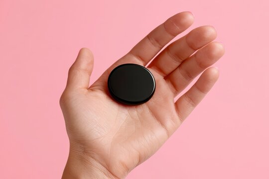 A person's open palm holding a small, round, black object against a solid pink background.