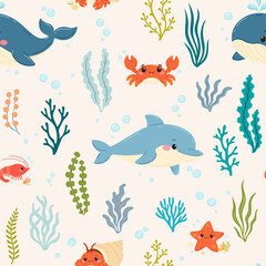Seamless pattern with underwater life for kids, baby and nursery decor. Vector illustration of ocean animal characters on childrens print. © Kseniya