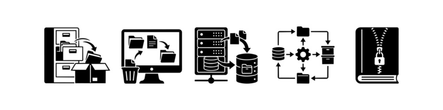 A set of five flat vector icons depicting data management, server backup, workflow automation, digital archiving, and secure file compression for IT and business applications.