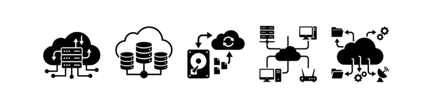 A professional collection of cloud computing and data storage icons in a flat black and white style. Features include server racks, database clusters, file synchronization, and network nodes.