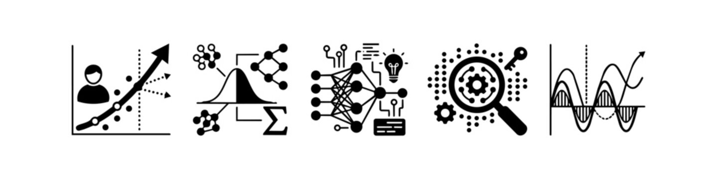 Data science and artificial intelligence icons featuring neural networks, predictive analytics, statistical modeling, and signal processing. Black vector set for technology and business concepts.