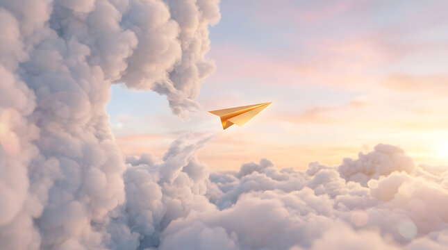 Golden paper airplane flying through clouds at sunset