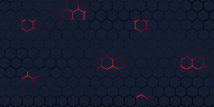 Dark gray and red horizontal hexagonal technology abstract vector background. Red bright energy flashes under the hexagon in a wide banner of futuristic modern technology. vector