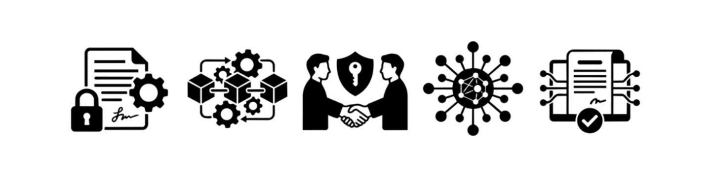 Set of blockchain and smart contract icons featuring digital security, decentralized networks, automated agreements, and encrypted data for fintech and technology projects.
