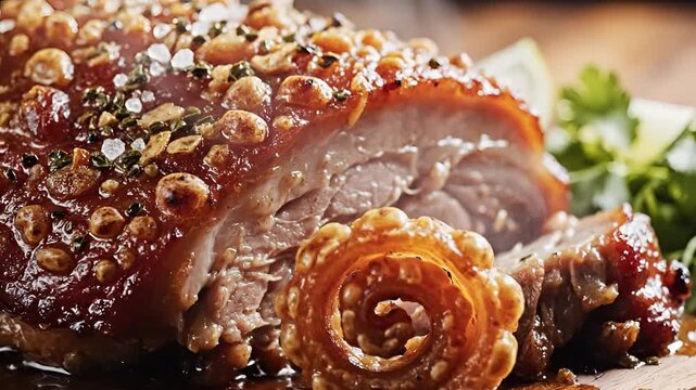 Crispy Pork Belly with Perfectly Roasted Crackling and Herbs.