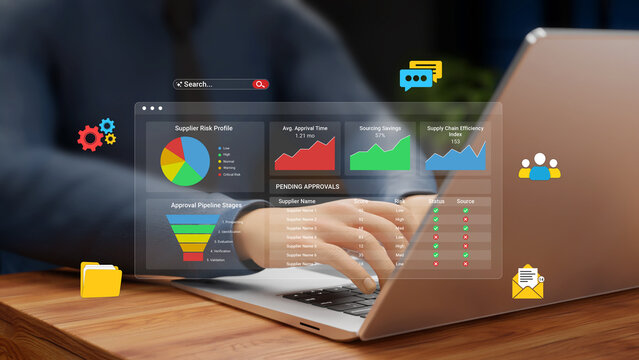 Digital Procurement Process. Vendor Workflow, SCM, Supply Chain Management, Online Purchasing, Business Automation, E-Procurement System. Businessman with Supplier Dashboard on Virtual Screen. 3D