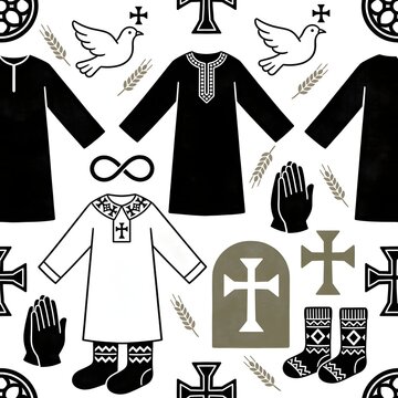 Brick repeat pattern of Armenian religious ceremony clothing with khachkar and eternity symbols
