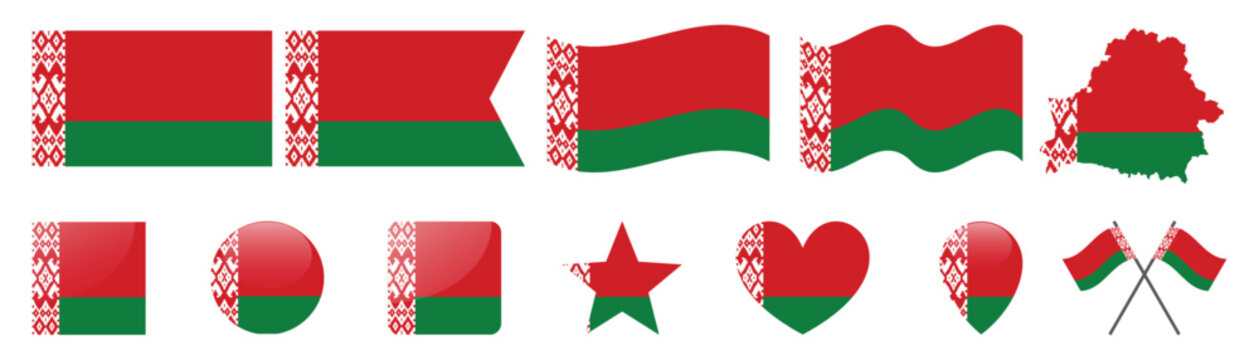 Belarus flag graphics set including map silhouette and diverse shapes.